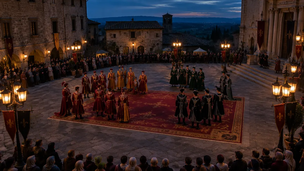 The town square at dusk, with lanterns lit and costumed performers standing on and around a large cloth laid on the paving.